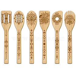 6Pcs Bamboo Spoons & Knifes & Forks, Flatware for Dessert, Floral, 60x300mm, 6 style, 1pc/style, 6pcs/set(AJEW-WH0411-016)