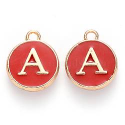 Golden Plated Alloy Enamel Charms, Cadmium Free & Lead Free, Enamelled Sequins, Flat Round with Letter, Red, Letter.A, 14x12x2mm, Hole: 1.5mm(X-ENAM-S118-03A)