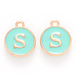 Golden Plated Alloy Enamel Charms, Cadmium Free & Lead Free, Enamelled Sequins, Flat Round with Letter, Turquoise, Letter.S, 14x12x2mm, Hole: 1.5mm(ENAM-S118-05S)