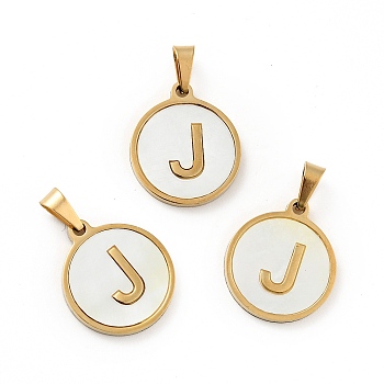 Vacuum Plating 304 Stainless Steel with White Shell Pendants, Golden, Flat Round with Letter Charm, Letter.J, 18x16x1.5mm, Hole: 3x6mm