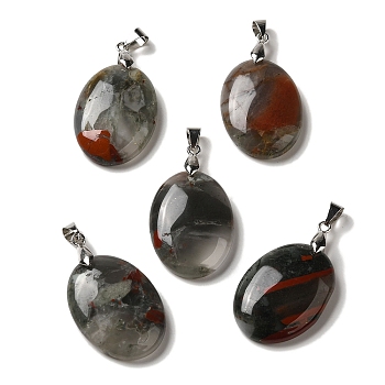 Natural African Bloodstone Pendants, Oval Charms with Rack Plating Platinum Plated Brass Snap on Bails, 30x21.5~22x6~6.5mm, Hole: 6x4mm
