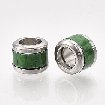 304 Stainless Steel Beads, with Fiber, Large Hole Beads, Column with Basket Weave Pattern, Stainless Steel Color, Green, 10x8mm, Hole: 6mm