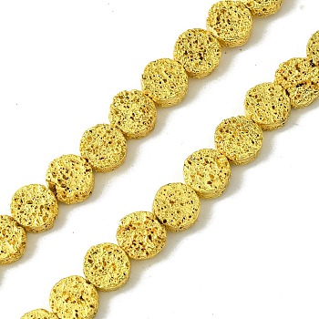 Electroplated Natural Lava Rock Beads Strands, Flat Round, Golden Plated, 6~6.5x2.5~3mm, Hole: 0.9mm, about 62pcs/strand, 15.35''(39cm)