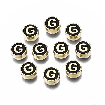 Alloy Enamel Beads, Cadmium Free & Lead Free, Light Gold, Flat Round with Alphabet, Black, Letter.G, 8x4mm, Hole: 1.5mm