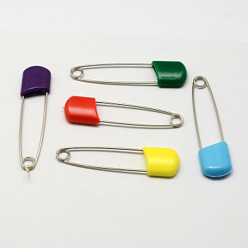 Platinum Plated Iron Safety Brooch, with Plastic Findings, Mixed Color, 41x11mm