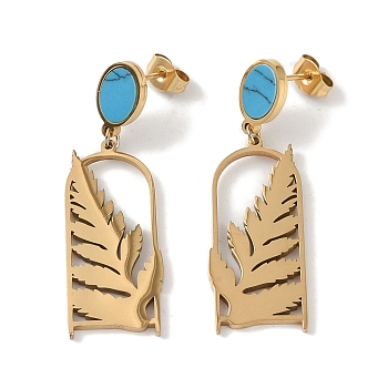 Leaf 304 Stainless Steel Stud Earrings, Synthetic Turquoise Dangle Earrings for Women, Real 18K Gold Plated, 40.5x13mm