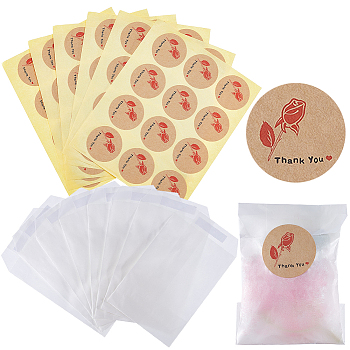 120Pcs Flat Translucent Glassine Waxed Paper Treat Bags Cookie Bags, with 10 Sheets Round Dot Sealing Adhesive Gift Stickers, Flower, Bag: 10.5x7.2x0.02cm, Sticker: 35mm, 12pcs/sheet
