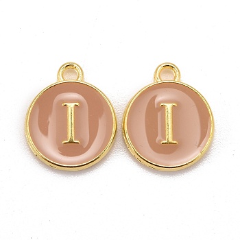 Golden Plated Alloy Enamel Charms, Cadmium Free & Lead Free, Enamelled Sequins, Flat Round with Letter, Wheat, Letter.I, 14x12x2mm, Hole: 1.5mm