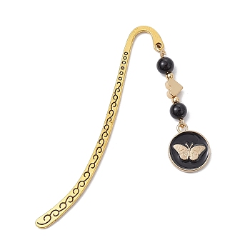 Natural Black Onyx Bookmarks, Butterfly Pendant Bookmark, Alloy Hook Bookmark, 84mm, Pendant: 46x15x6mm