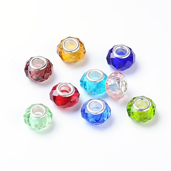 Handmade Glass European Beads, Large Hole Beads, Silver Color Brass Core, Mixed Color, 14x8mm, Hole: 5mm, 100pcs/box