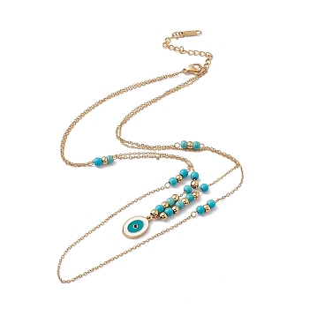 Enamel Charms Double Layer Necklace with Synthetic Turquoise Beaded, 304 Stainless Steel Cable Chains Bohemia Necklace for Women, Golden, Evil Eye Pattern, Oval: 15.5x10x2mm, 16 inch(40.5cm)