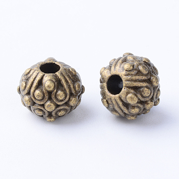 Tibetan Style Alloy Beads, Round with Flower, Cadmium Free & Nickel Free & Lead Free, Antique Bronze, 11x8~8.5mm, Hole: 3mm, about 375pcs/1000g