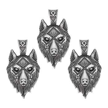 3Pcs 304 Stainless Steel Big Pendants, Wolf, Antique Silver, 53.5x30x9.5mm, Hole: 6x9mm