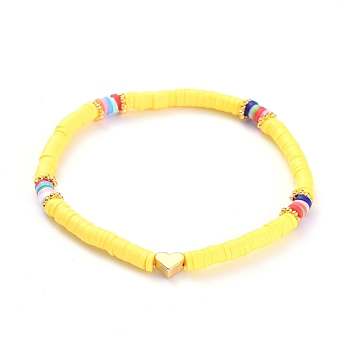 Handmade Polymer Clay Heishi Bead Stretch Bracelets, with Heart Brass Beads and Alloy Spacer Beads, Yellow, 2-1/8 inch(5.3cm)