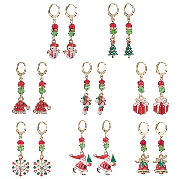 8 Pair 8 Style Glass Dangle Leverback Earrings, Golden Alloy Jewelry, Christmas Hat & Candy Cane & Tree & Snowflake & Santa Claus, Mixed Color, 41~52x6~23mm, 1 Pair/style
