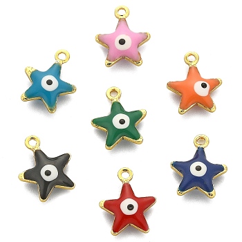 50Pcs Brass Enamel Pendants, Real 18K Gold Plated, Star with Evil Eye, Mixed Color, 10x8x3mm, Hole: 1mm
