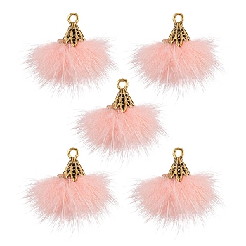 Faux Mink Fur Tassel Pendant Decorations, with Antique Golden Alloy Findings, Pink, 20~30x28~30mm, Hole: 1.8mm