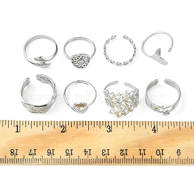 8Pcs 8 Style Whale Tail & Wave & Flower & Vortex & Snake Stainless Steel Open Cuff Ring Set(RJEW-FS0001-02)-5