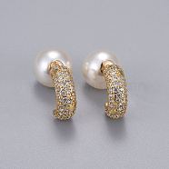 Brass Micro Pave Clear Cubic Zirconia Stud Earrings, Half Hoop Earrings, with Acrylic Imitation Pearl, Long-Lasting Plated, Real 18K Gold Plated, 15.5x5.5mm, Pin: 0.7mm(EJEW-K083-08G)