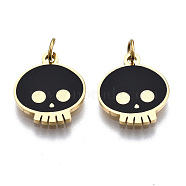 316 Surgical Stainless Steel Enamel Charms, with Jump Rings, Skull, Black, Real 14K Gold Plated, 11x10x1mm, Jump Ring: 3.4x0.5mm, 2.4mm inner diameter(X-STAS-S116-333G)