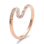 Ion Plating(IP) 304 Stainless Steel Finger Rings, with Crystal Rhinestone, Wave, Rose Gold, US Size 6~9(16.5~18.9mm)(RJEW-J071-11-RG)