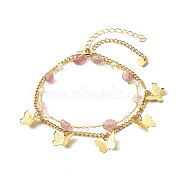 Natural Strawberry Quartz Beads Anklets Set for Girl Women, Butterfly Charms Anklets, 8-7/8 inch(22.5cm), 9-1/8 inch(23cm), 2pcs/set(AJEW-AN00450-03)