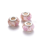Handmade Lampwork European Beads, Large Hole Rondelle Beads, with Glitter Powder and Platinum Tone Brass Double Cores, Pearl Pink, 14x9~10mm, Hole: 5mm(LPDL-N001-020)