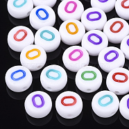 Initial Acrylic Beads, Horizontal Hole, Flat Round, Mixed Color, Letter.O, 7x3.5~4mm, Hole: 1.2mm, about 3700pcs/500g(OACR-E001-20O)