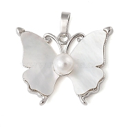 Brass Pave Shell Pendants, Butterfly Charms with ABS Imitation Pearl & Snap on Bails, Platinum, 21.5x26.5x7.5mm, Hole: 6x3.5mm(KK-i712-25P)