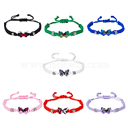 7Pcs 7 Colors Alloy Butterfly Link Bracelet, Polyester Cords Braided Adjustable for Women, Mixed Color, Inner Diameter: 1-5/8~3-1/4 inch(4.2~8.3cm), 1pc/color(BJEW-FI0001-81)