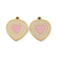 316 Surgical Stainless Steel Enamel Pendants, Heart Charm, Golden, Pink, 14x12x1.5mm, Hole: 1.2mm(STAS-M073-10G)