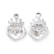 Alloy Rhinestone Pendants, Platinum Tone Crown Heart Charms, Crystal, 20x13x4mm, Hole: 2mm(ALRI-C008-14P)