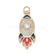 Brass Micro Clear Cubic Zirconia Pendants, with Enamel, Long-Lasting Plated, Rocket Shape, Black & Red, Real 18K Gold Plated, 20x8x2mm, Hole: 3mm(ZIRC-F120-083G)