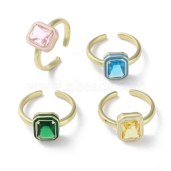 Rack Plating Real 18k Gold Plated Brass Cuff Rings, Rectangle Cubic Zirconia Solitaire Ring with Enamel, Lead Free & Cadmium Free, Mixed Color, US Size 7 1/4(17.5mm)(RJEW-M159-01G)