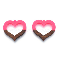 Opaque Resin & Walnut Wood Pendants, Hollow Heart Charm, Hot Pink, 34x35x3mm, Hole: 2mm(X-RESI-N025-035-B06)