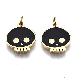 316 Surgical Stainless Steel Enamel Charms, with Jump Rings, Skull, Black, Real 14K Gold Plated, 11x10x1mm, Jump Ring: 3.4x0.5mm, 2.4mm inner diameter(X-STAS-S116-333G)