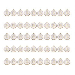 Golden Plated Alloy Charms, with Enamel, Enamelled Sequins, Flat Round, White, Letter.B, 14x12x2mm, Hole: 1.5mm, 50pcs/Box(ENAM-SZ0001-25A-B)