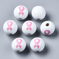 Painted Natural Wood European Beads, Large Hole Beads, Printed, Round with Silk Ribbon, Pearl Pink, 16x15mm, Hole: 4mm(WOOD-S057-057)