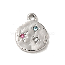304 Stainless Steel Pendants, with Colorful Rhinestone, Flat Round with Star Charm, Stainless Steel Color, 18.5x15x2mm, Hole: 2mm(STAS-L022-241P)