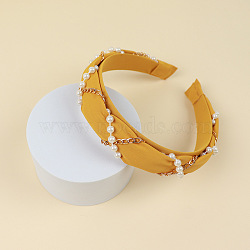 Cloth Hair Bands, with Plastic Pearl & Alloy Chains, Hair Accessories for Women Girls, Gold, 30mm, Inner Diameter: 140x160mm(OHAR-PW0008-004C)