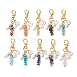 Natural & Synthetic Gemstone Chip & Flat Round with Number 0~9 Alloy Enamel Pendant Decorations, with Swivel Lobster Claw Clasps, Golden, 68mm, 10pcs/set(HJEW-JM02358)