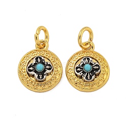 Long-Lasting Plated Brass Synthetic Turquoise Pendants, with Jump Rings, Flat Round with Flower, Real 18K Gold Plated, 14.5x12x4mm, Hole: 4mm(KK-K387-04B-G)