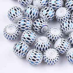 Electroplate Glass Beads, Round with Rhombus Pattern, Blue, 8~8.5mm, Hole: 1.5mm(EGLA-S178-07C)