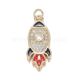 Brass Micro Clear Cubic Zirconia Pendants, with Enamel, Long-Lasting Plated, Rocket Shape, Black & Red, Real 18K Gold Plated, 20x8x2mm, Hole: 3mm(ZIRC-F120-083G)