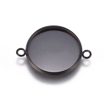 304 Stainless Steel Cabochon Connector Settings, Plain Edge Bezel Cups, Flat Round, Electrophoresis Black, Tray: 16mm, 23.5x17.8x2mm, Hole: 1.8mm