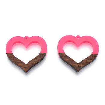 Opaque Resin & Walnut Wood Pendants, Hollow Heart Charm, Hot Pink, 34x35x3mm, Hole: 2mm