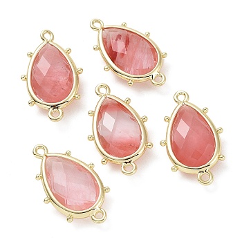 Cherry Quartz Glass Connector Charms, with Golden Plated Brass Edge Loops, Faceted, Teardrop, 24x14.5x5mm, Hole: 1.2mm & 1.4mm