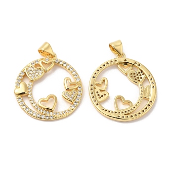 Brass Micro Pave Clear Cubic Zirconia Pendants, Ring wirh Heart Charms, Real 16K Gold Plated, 25.5x23x2.5mm, Hole: 4x3.5mm