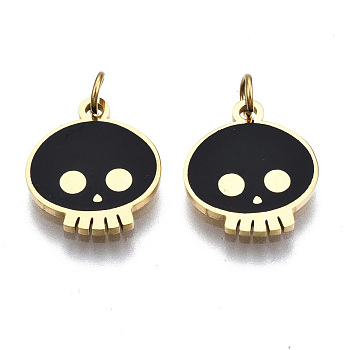 316 Surgical Stainless Steel Enamel Charms, with Jump Rings, Skull, Black, Real 14K Gold Plated, 11x10x1mm, Jump Ring: 3.4x0.5mm, 2.4mm inner diameter