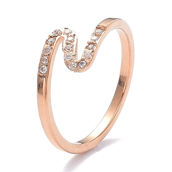 Ion Plating(IP) 304 Stainless Steel Finger Rings, with Crystal Rhinestone, Wave, Rose Gold, US Size 6~9(16.5~18.9mm)